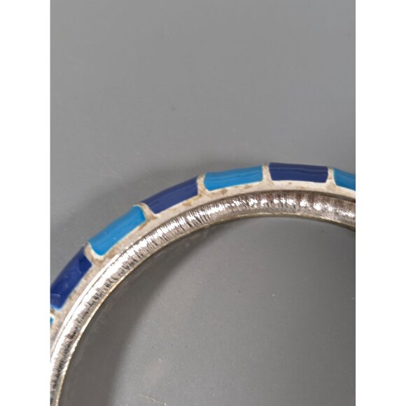 Blue Enamel Stripe Bangle Bracelet Silver Tone 8" Coastal Chic - Picture 7 of 7